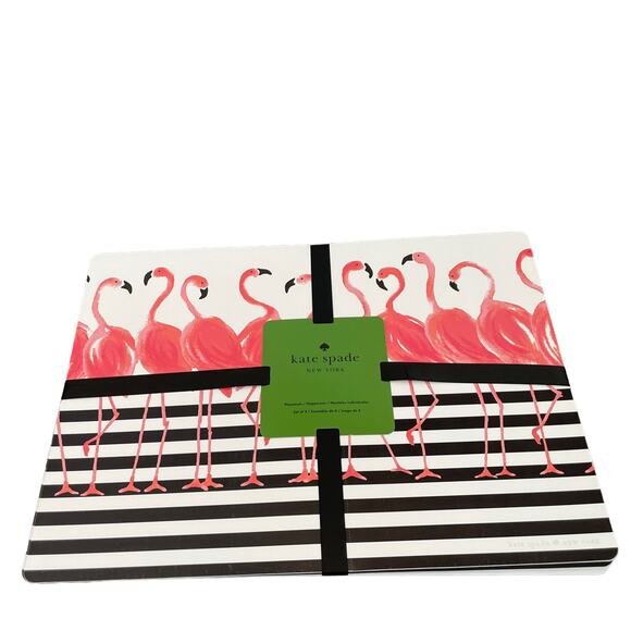KATE SPADE Pink Flamingo Black Striped Easy Care Vinyl Placemats Set of 4 NEW - Picture 7 of 9